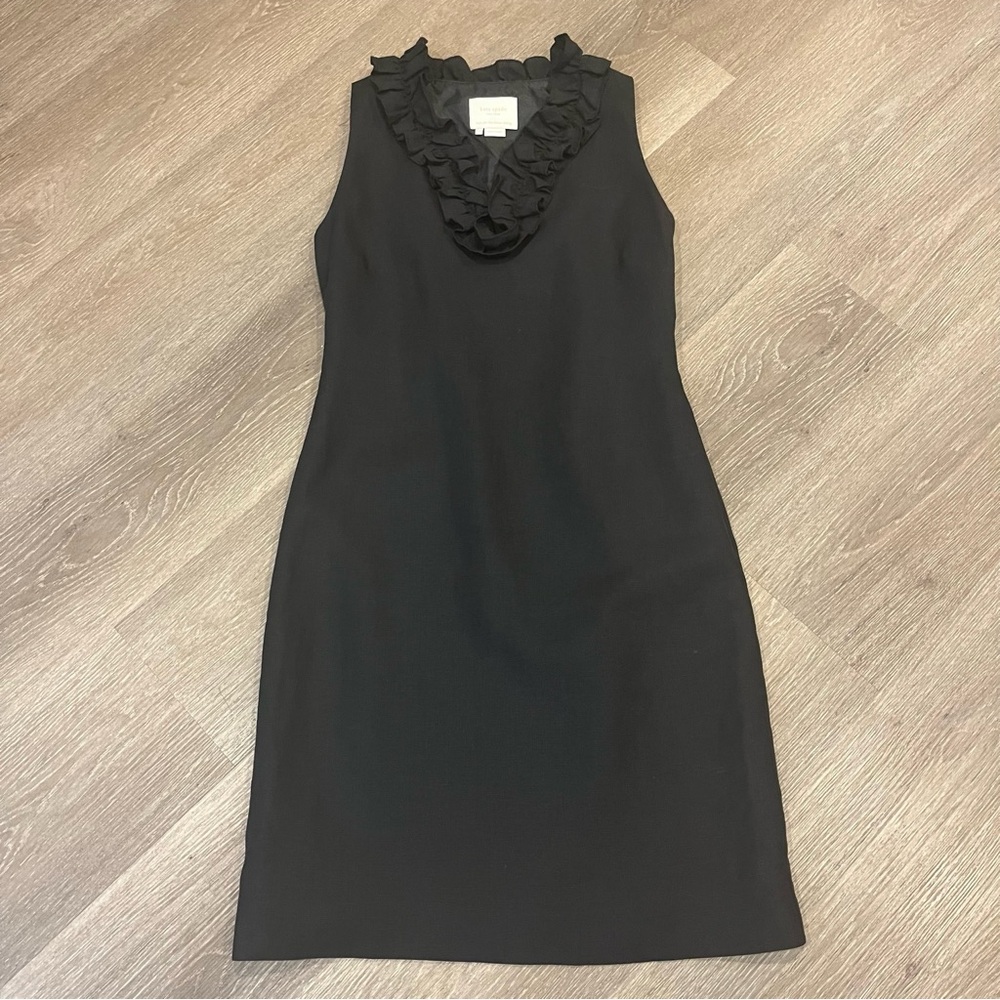 Classic Kate Spade Black Linen Sleeveless Dress with Ruffle Neckline